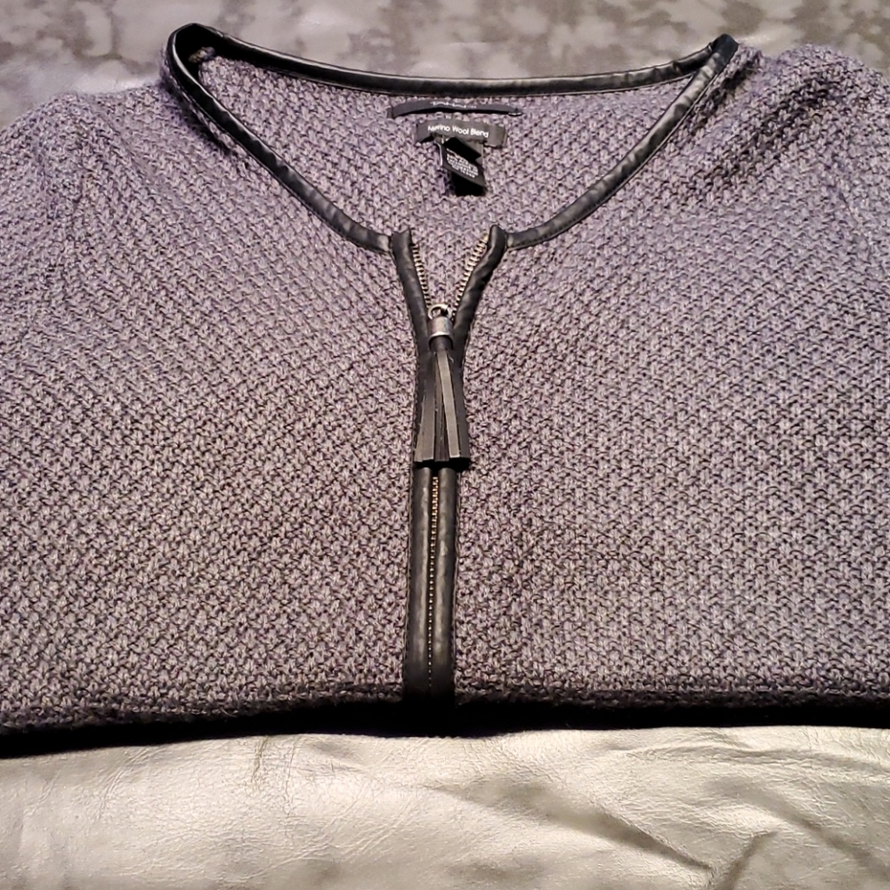NEW TAHARI  leather trim  merino cardigan  sweater